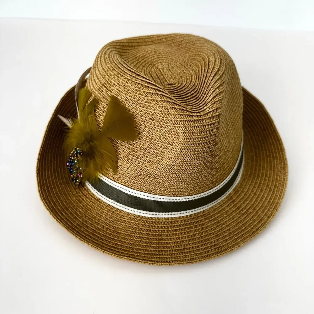 Uno Alla Volta Fedora Raffia Hat Feather Gems Rhinestone Band Tan Made in USA
